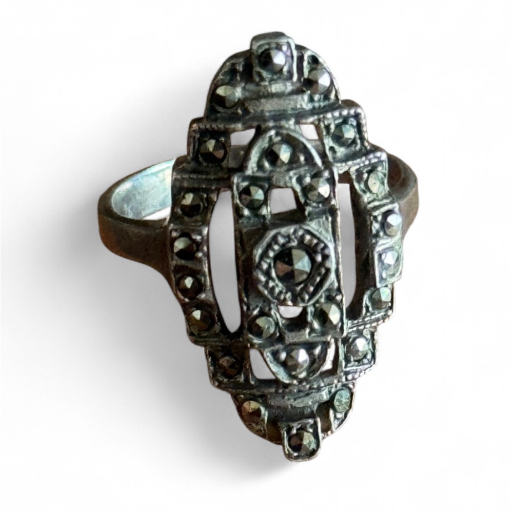 Antique Art Deco Sterling Silver and Marcasite Engagement Cocktail Ring